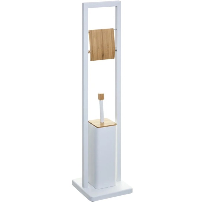 Suport WC cu perie 5Five Natureo, cu suport hartie igienica, metal si bambus, 20x20x80 cm, alb Household NewTrend