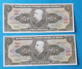 Bancnota Lot x 2 bucati consecutive 5 Cruzeiros Brazilia in stare foarte buna