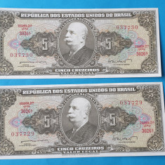 Bancnota Lot x 2 bucati consecutive 5 Cruzeiros Brazilia in stare foarte buna