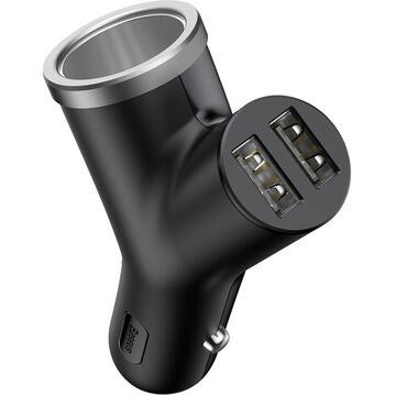 INCARCATOR auto Baseus Y type, Quick Charge 40W, 2 x USB Output 4.5V/5A + 1 x bricheta auto, pt. bricheta auto, negru &amp;quot;CCALL-YX01&amp;quot; (timbru verde 0.18 foto