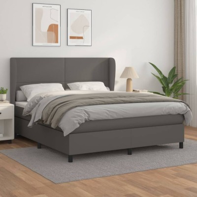 vidaXL Pat box spring cu saltea, gri, 160x200 cm, piele ecologică 3128923 foto