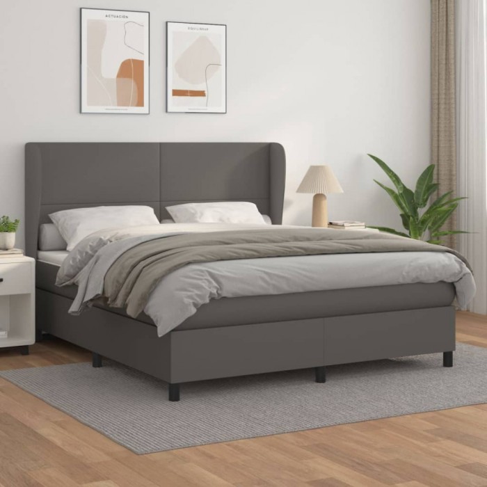 vidaXL Pat box spring cu saltea, gri, 160x200 cm, piele ecologică 3128923