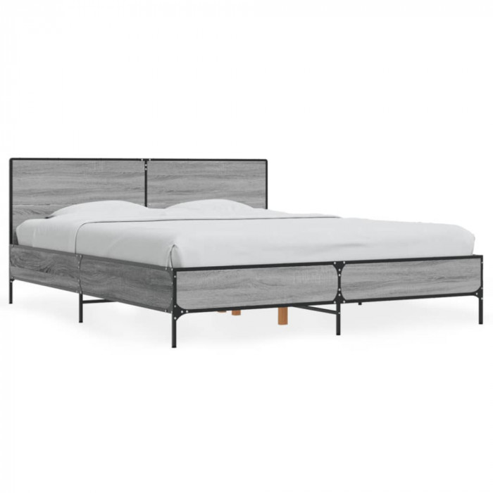 vidaXL Cadru de pat, gri sonoma, 150x200 cm, lemn prelucrat și metal