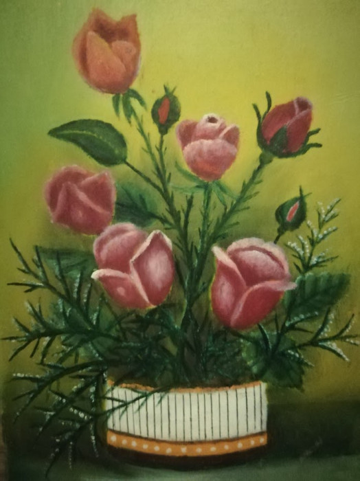 Tablou Trandafiri &icirc;n vas ulei / carton, 31x23 cm, buchet de flori