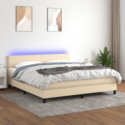 vidaXL Pat cu arcuri, saltea și LED, crem, 160x200 cm, textil 3133010 foto