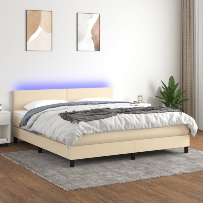 vidaXL Pat cu arcuri, saltea și LED, crem, 160x200 cm, textil 3133010