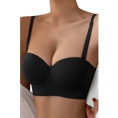 Sutien fara armaturi si fara cusaturi, Linovit&reg;, Push-up, Bretele detasabile, Sistem dublu de prindere, Ideal pentru rochii cu spatele gol, Negru - Bl