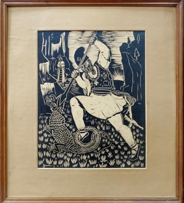 Nicolae Brana (1905-1986) - Alegorie, Sf. Gheorghe ucigand, Xilogravura foto