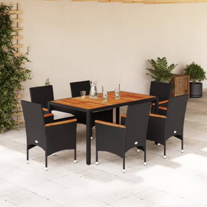 vidaXL Set mobilier grădină perne 7 piese negru poliratan/lemn acacia