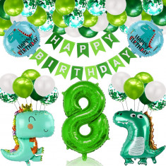 Set de baloane (5 folie si 32 latex) pentru petrecere aniversara de 8 ani, cu dinozauri, pentru tematica jurasica, cu banner Happy Birthday, alb si ve