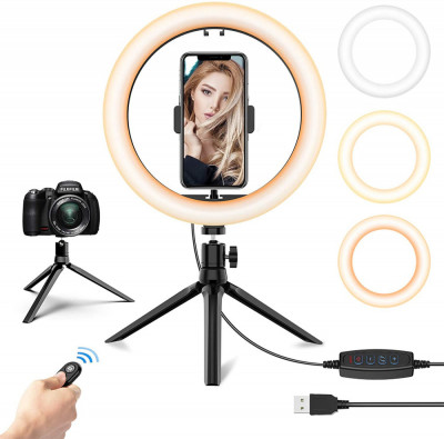 Lampa Circulara Make up Profesionala, Ring Light 26 CM LED cu Lumina Rece/Calda Tip Inel, cu Trepied si Telecomanda Pentru Poze Perfecte foto