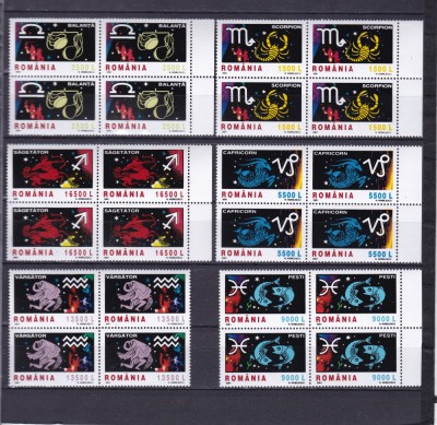 ROMANIA 2001 LP 1574 SEMNELE ZODIACULUI I BLOCURI DE 4 TIMBRE MNH foto