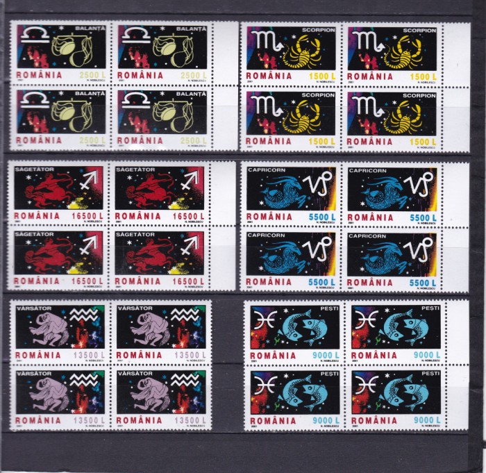 ROMANIA 2001 LP 1574 SEMNELE ZODIACULUI I BLOCURI DE 4 TIMBRE MNH