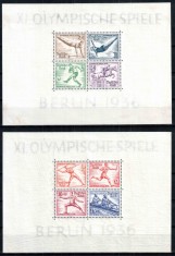 Germania Reich 1936, Mi #624-631 = Bl 5-6, sport, Olimpiada Berlin, cele 2 blocuri, MNH, cota 280 &euro;!