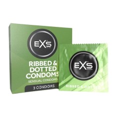 Prezervative EXS Ribbed &amp; Dotted Condoms, texturate, subțiri și rezistente, diametru 56 mm, 3 bucăți