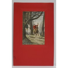 DOI TINERI CALARIND PRIN PADURE , CARTE POSTALA ILUSTRATA , EMBOSATA , 1908