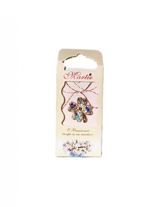 Martisor tip brosa cu model trifoi cu pietricele colorate pentru 1 si 8 martie