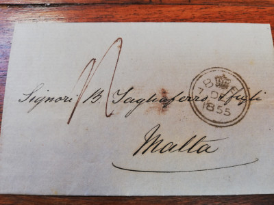 Plic prefilatelic circulat Londra- Malta, 1855, 7 dec., stare foarte buna foto