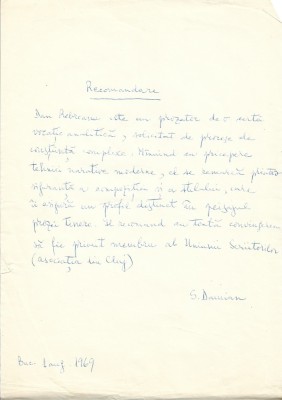 A3389N Document scris și semnat olograf de Sami Damian referitor la Dan Rebreanu, 1969 foto