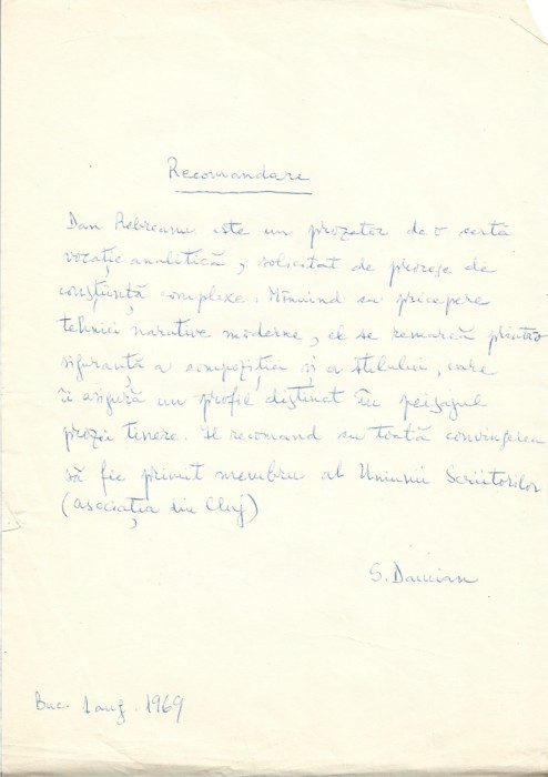 A3389N Document scris și semnat olograf de Sami Damian referitor la Dan Rebreanu, 1969