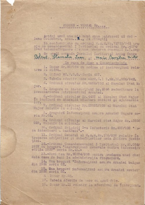 A3648N Predarea bunurilor și valorilor Cercului Teritorial Argeș la predarea comenzii către alt comandant, 1942, Pitești
