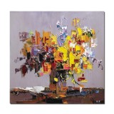Tablou aranjament floral stilizat pictat manual, 90x90cm ulei pe panza in cutit efect 3D
