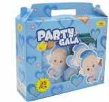 Set pentru petrecere copii, Bebelus albastru, 36 piese, ochelari, coifuri, pahare, farfurii, paie si suflatori