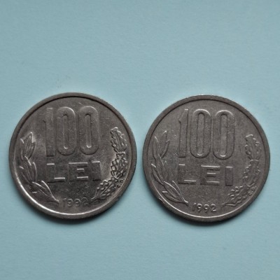 doua monede 100 lei 1992 circulate - cu 9 rotunjit si 9 drept - ambele cu 20 lei foto
