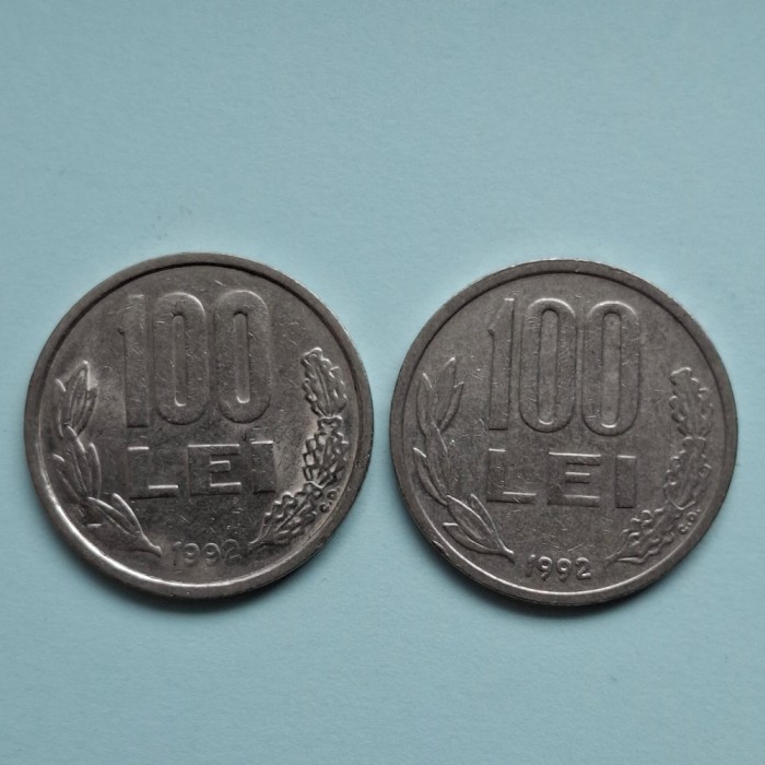 doua monede 100 lei 1992 circulate - cu 9 rotunjit si 9 drept - ambele cu 20 lei