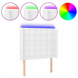 Tăblie de pat cu LED, alb, 103x16x118/128 cm, piele ecologică