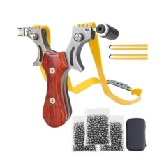 Set prastie metalica cu laser si 300 bile metalice 9 mm, 12 cm, boloboc, maner lemn, maro, husa inclusa