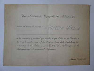 Invitație la receptie a Asociatiei Spaniole de Astronautica adresata unui rom&amp;acirc;n foto