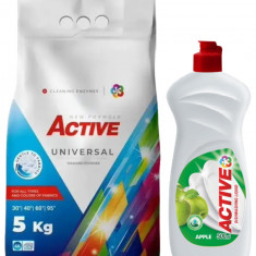 Detergent Universal de rufe pudra Active, sac 5kg, 68 spalari + Detergent de vase lichid Active, 0.5 litri, mar