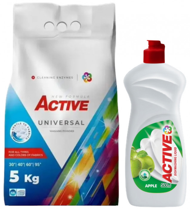 Detergent Universal de rufe pudra Active, sac 5kg, 68 spalari + Detergent de vase lichid Active, 0.5 litri, mar