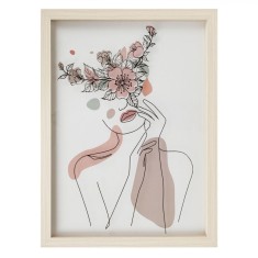Tablou decorativ cu rama din lemn Shopiens&reg;, sticla cu model cu o fata cu flori, 30.5 x 40.5 cm