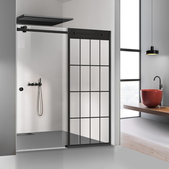 Paravan dus cu usa glisanta Glissando Black, model Rank negru, sticla clara securizata, pentru nisa cu latime intre 160-170x205 cm