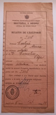 Buletin de casatorie, Bucuresti , Octombrie 1945 foto