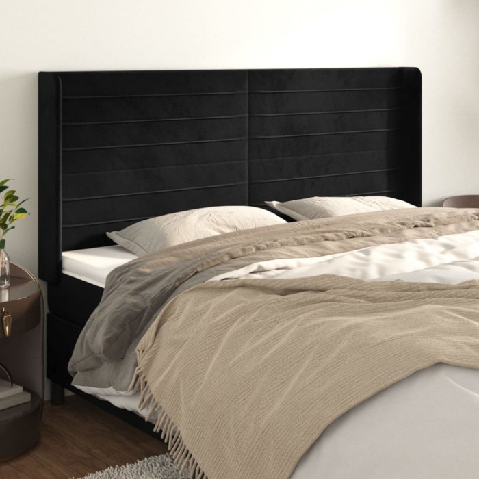 vidaXL Tăblie de pat cu aripioare, negru, 183x16x118/128 cm, catifea 3119782