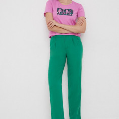 Pepe Jeans pantaloni femei, culoarea verde, drept, high waist