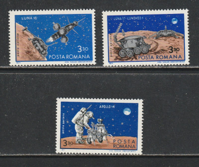Romania 1971 - #756 &amp;amp; #757 Luna 16 and Luna 17 &amp;amp; Apollo 14 3v MNH foto