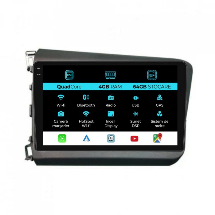 Navigatie Dedicata Honda Civic IX Sedan (2011-2015),QuadCore, 9Inch, 4Gb Ram, 64Gb Stocare, Carplay
