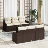 Set de canapele de grădină vidalXL cu 7 piese și perne, maro, din rattan sintetic.