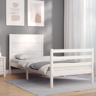 vidaXL Cadru de pat cu tăblie, alb, 100x200 cm, lemn masiv foto