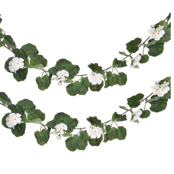 Plante artificiale decorative, ghirlanda din geranium cu frunze verzi si flori albe, lungime 178 cm