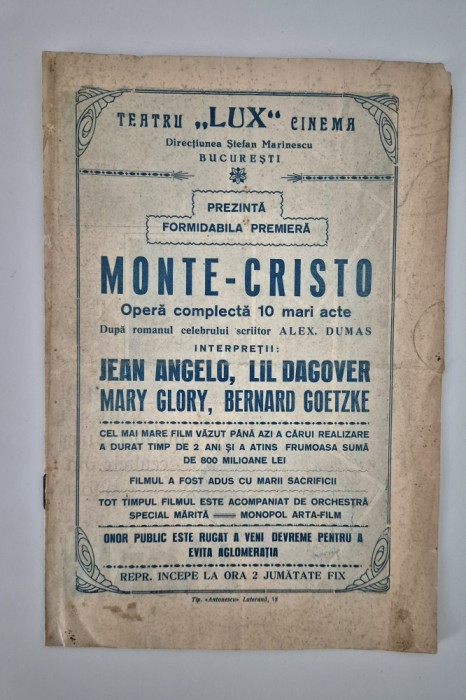 Carte veche Program Cinema Lux Bucuresti Pliant