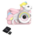 Pachet: Camera foto digitala pentru copii, THD D32, rezolutie foto 8 megapixeli, video 720p, card microSD 32Gb, roz unicorn