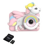 Pachet: Camera foto digitala pentru copii, THD D32, rezolutie foto 8 megapixeli, video 720p, card microSD 32Gb, roz unicorn