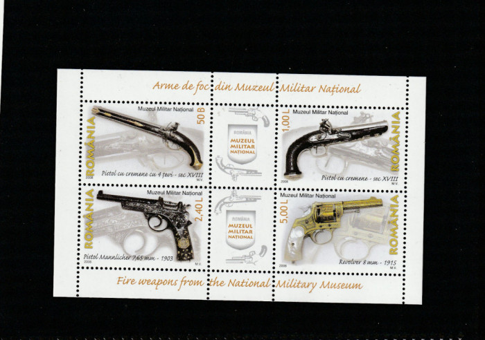 Romania 2008-Arme de foc din Muzeul National Militar,bloc 4 valori+2 tabs