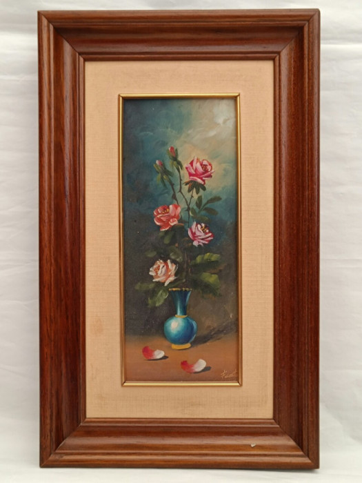 Pictura ulei pe carton F. Costa; Trandafiri &icirc;n vază