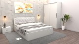 Set Dormitor Maia Alb Pat 160 cm x 200 cm + Noptiere + Dulap cu usi glisante 150 cm x 200 cm